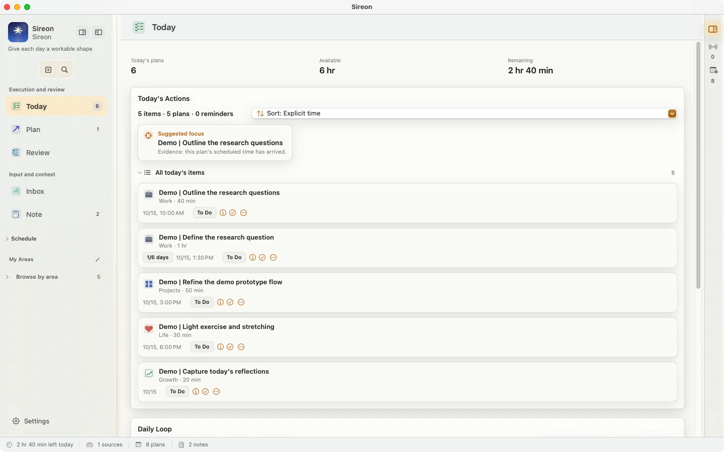 Sireon 1.12.1 English workbench with navigation, the Today action queue, and time capacity
